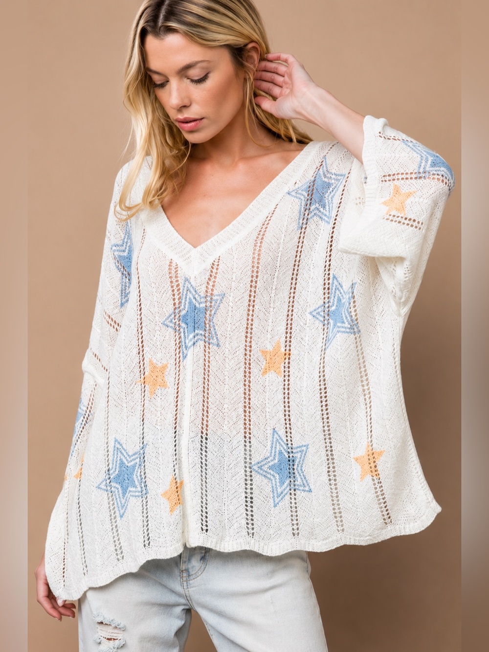 #245 Firm 💕New! V-Neck Star Pattern Open-Knit Sweater Top